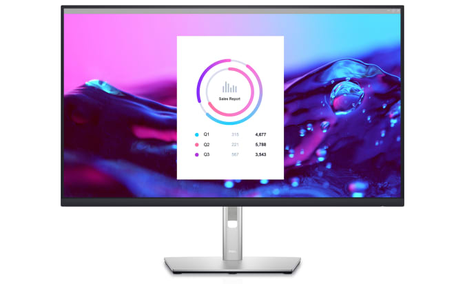 Dell's 32-inch 4K USB-C monitor with a pink and blue screen on a white background.