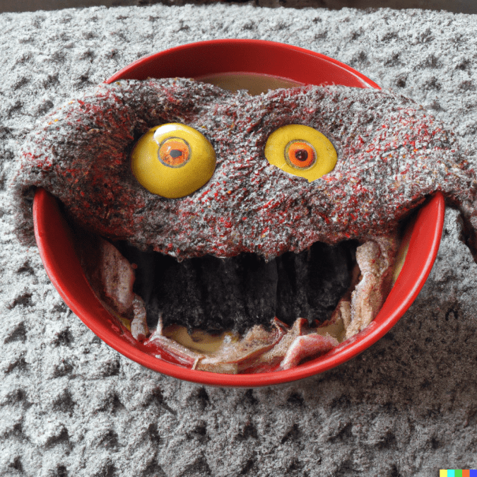 A bowl of soup that looks like a monster, knitted out of wool.