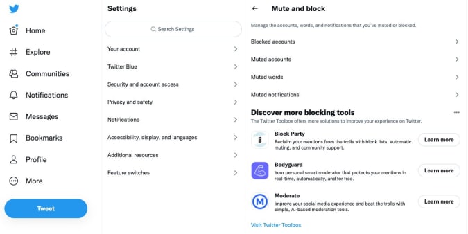 Twitter is recommending third party moderation apps alongside its blocking and muting tools.