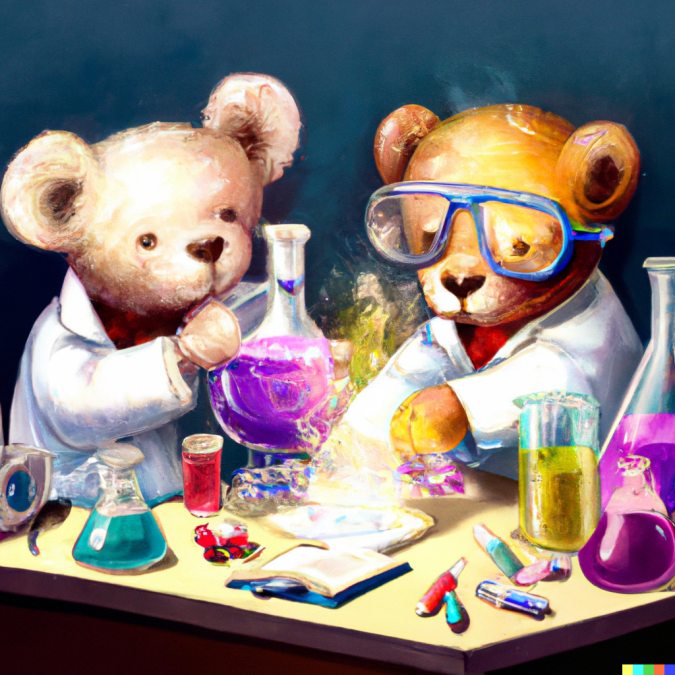 Teddy bears mixing sparkling chemicals as mad scientists