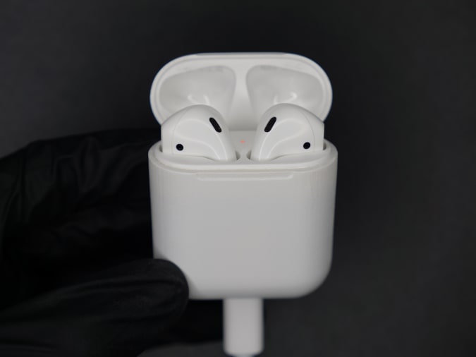 From the front, Ken Pillonel's custom USB-C Airpods look identical to unmodded versions. 