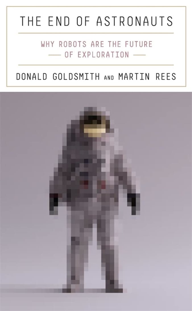 a multi-pixel spacesuit on a gray background with a book title on it