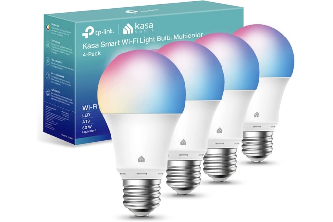 Four of TP-Link's Kasa Smart Wi-Fi Light Bulbs outside of their box on a white background.