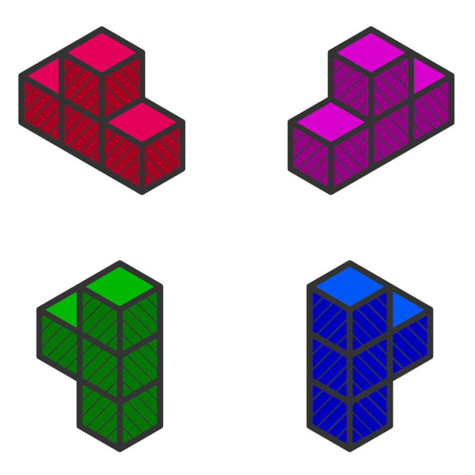 Tetromino's uit het spel Tetris, gekleurd met het NES-kleurenpalet