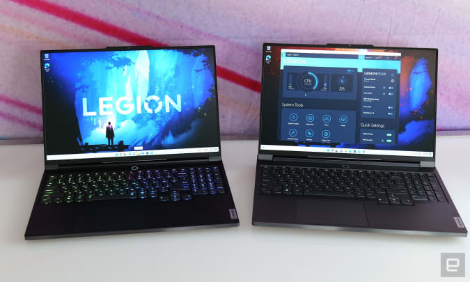 The standard Legion 7 (right) is thicker and heavier than the Legion 7 Slim (left), but it supports more powerful components and has an abundance of RGB lighting.