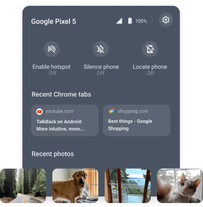 Recente foto's die zijn gemaakt met een verbonden Android-telefoon, verschijnen automatisch in de Phone Hub-app van een Chromebook.