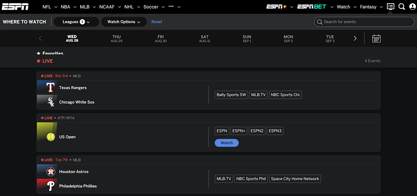 ESPN's Where to Watch offers a TV and streaming guide to sports viewing