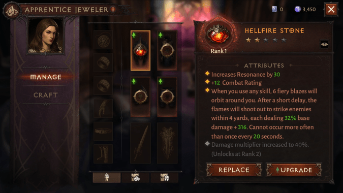 Screenshot showing Diablo Immortal's interface for adding gems to equipment. 