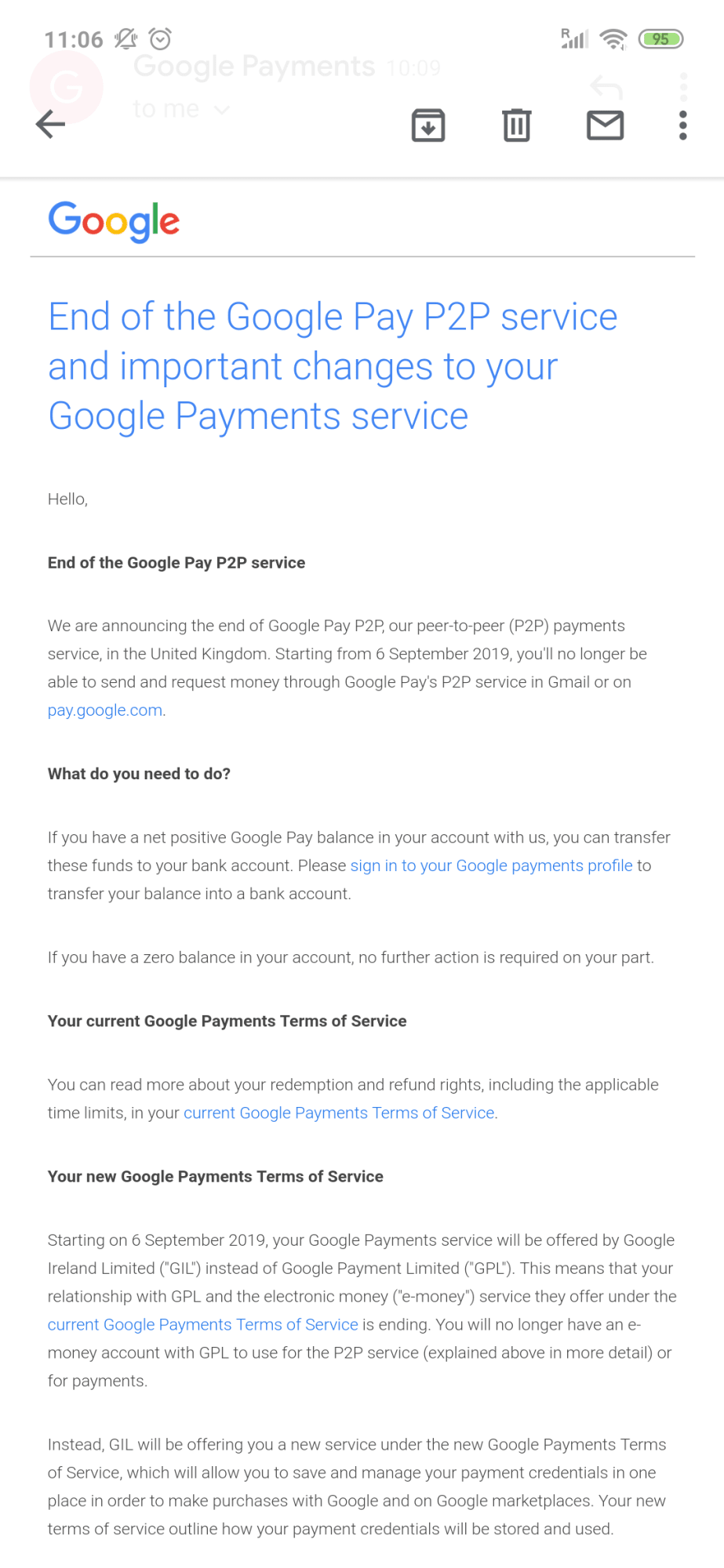 Google Pay Send discontinued email