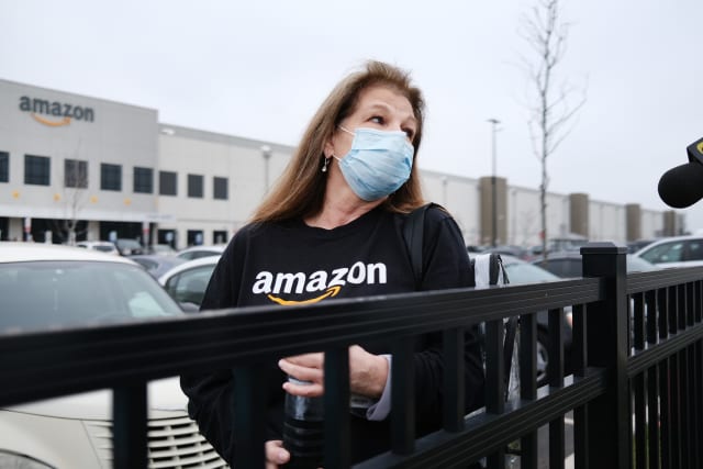 NEW YORK, NEW YORK - MARCH 30: Amazon employees hold a protest and walkout over conditions at the company's Staten Island distribution facility on March 30, 2020 in New York City. Workers at the facility, which has had numerous employees test positive for the coronavirus, want to call attention to what they say is a lack of protections for employees who continue to come to work amid the coronavirus outbreak. (Photo by Spencer Platt/Getty Images)