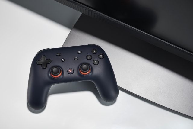 A Google Stadia video game controller with a Night Blue finish alongside a gaming monitor, taken on November 27, 2019. (Photo by Olly Curtis/Future Publishing via Getty Images)