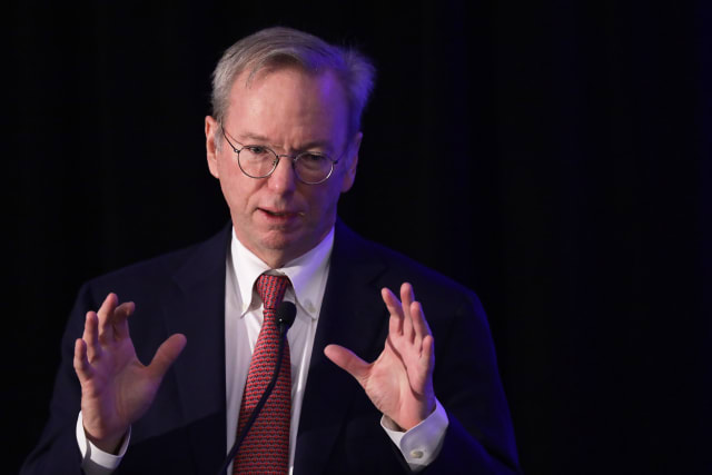 WASHINGTON, DC - NOVEMBER 05: Executive Chairman of Alphabet Inc., Google's parent company, Eric Schmidt speaks during a National Security Commission on Artificial Intelligence (NSCAI) conference November 5, 2019 in Washington, DC. The commission on Artificial Intelligence held a conference on "Strength Through Innovation: The Future of A.I. and U.S. National Security." (Photo by Alex Wong/Getty Images)