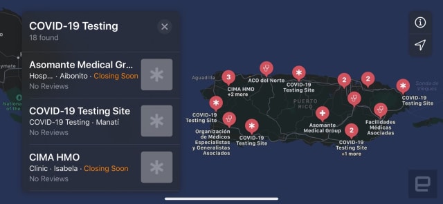 Puerto Rico COVID-19 testing sites in Apple Maps