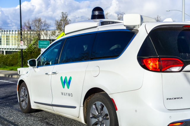 February 17, 2019 Mountain View / CA / USA - Waymo self driving car performing tests on a street near Google's headquarters, Silicon Valley