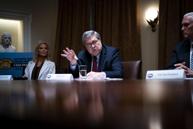WASHINGTON, DC - JUNE 15: U.S. Attorney General William Barr speaks during a roundtable on “Fighting for America’s Seniors” at the Cabinet Room of the White House June 15, 2020 in Washington, DC. President Trump participated in the roundtable to discuss the administration’s efforts to “safeguard America’s senior citizens” from COVID-19. (Photo by Doug Mills-Pool/Getty Images)