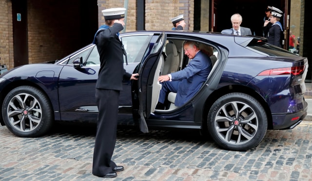 LONDON, UNITED KINGDOM - SEPTEMBER 05: (EMBARGOED FOR PUBLICATION IN UK NEWSPAPERS UNTIL 24 HOURS AFTER CREATE DATE AND TIME) Prince Charles, Prince of Wales gets into his new chauffeur driven Jaguar I-PACE fully electric car following a visit to the newly refurbished 'Maiden' Yacht at HMS President on September 5, 2018 in London, England. The 'Maiden' Yacht was used by the first all-female crew to sail in the 1990 Whitbread Round the World Race in which they finished second. (Photo by Max Mumby/Indigo/Getty Images)