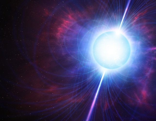 Computer artwork showing the magnetic field (lines) around a magnetar. A magnetar is a type of neutron star with an incredibly strong magnetic field (a million billion times stronger than that of the Earth), which is formed when certain stars undergo supernova explosions.