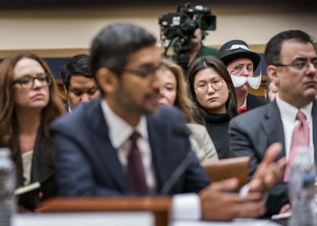 WASHINGTON, DC - DECEMBER 11: At a House Judiciary Committee hearing with Google CEO Sundar Pichai testifying, policy attorney Ian Madrigal is also Monopoly Man who photo bombs high profile congressional hearings on Capitol Hill in Washington, DC on Tuesday December 11, 2018. (Photo by Melina Mara/The Washington Post via Getty Images)