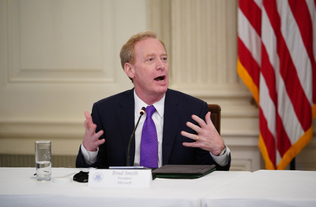 Microsoft president Brad Smith takes part in a roundtable discussion with US President Donald Trump and industry executives on reopening the country, in the State Dining Room of the White House in Washington, DC on May 29, 2020. (Photo by MANDEL NGAN / AFP) (Photo by MANDEL NGAN/AFP via Getty Images)