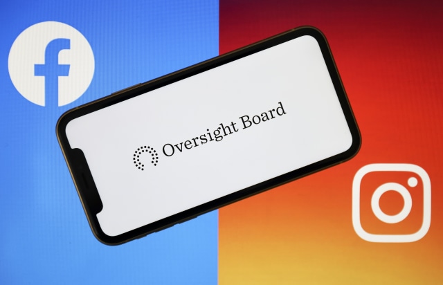ANKARA, TURKEY - MAY 07: Oversight Board logo is seen on a smart phone with Facebook and Instagram logos at the background in Ankara, Turkey on May 07, 2020. (Photo by Hakan Nural/Anadolu Agency via Getty Images)