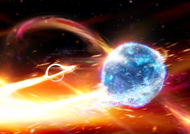 This artist's rendition shows a neutron star (foreground) orbiting a larger black hole (background). The black hole is more distant and appears smaller from this perspective, and shows the effects of gravitational lensing of material accreted from the neutron star. It is not known if the companion of the black hole in GW190814 is a neutron star or a low-mass black hole.
