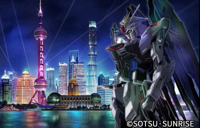 Life-size Freedom Gundam statue in front of Shanghai