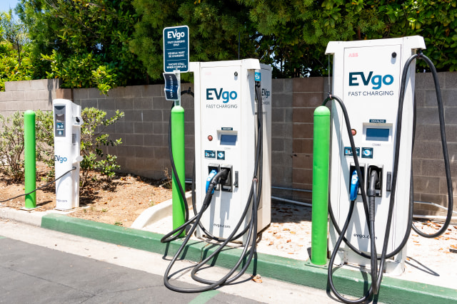 June 20, 2019 Cupertino / CA / USA - EVgo charging station located in a parking lot in South San Francisco bay area; EVgo is America's Largest Public Electric Vehicle (EV) Fast Charging Network
