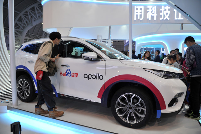 FUZHOU, CHINA - MAY 06: A Baidu Apollo vehicle is on display at the Baidu stand during the 2nd Digital China Summit & Exhibition at Fuzhou Strait International Conference & Exhibition Center on May 6, 2019 in Fuzhou, Fujian Province of China. The 2nd Digital China Summit with the theme of 'IT application: new growth drivers for new developments and achievements' is held on May 6-8 in Fuzhou. (Photo by Visual China Group via Getty Images/Visual China Group via Getty Images)