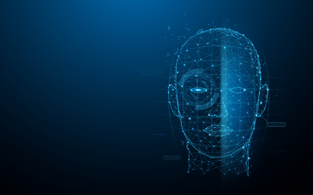 Biometric technology digital Face Scanning form lines, triangles and particle style design. Illustration vector