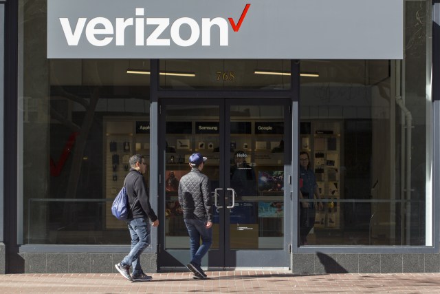San Francisco, CA, USA - Feb 9, 2020: Customers walking into a Verizon retail store in the Financial District of San Francisco.