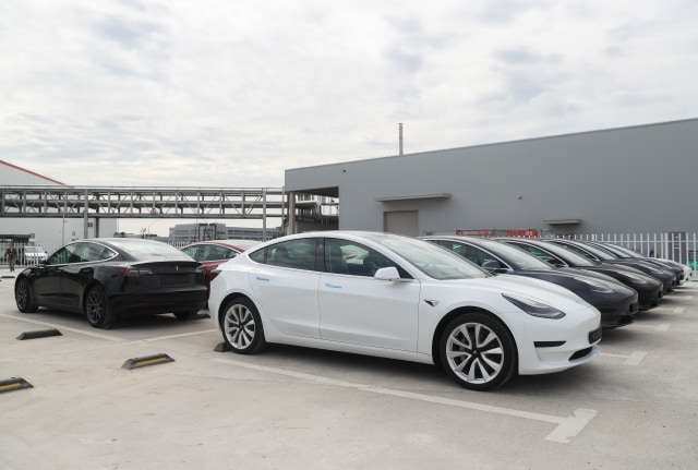 SHANGHAI, Oct. 26, 2020 -- Photo taken on Oct. 26, 2020 shows the Tesla China-made Model 3 vehicles at its gigafactory in Shanghai, east China. U.S. carmaker Tesla announced Monday that it will export 7,000 vehicles of made-in-China Model 3 to Europe on Tuesday. The batch of sedans is expected to arrive at the port of Zeebrugge in Belgium by sea at the end of November, before being sold in European countries including Germany, France, Italy, Spain, Portugal and Switzerland. Tesla delivered the first batch of made-in-China Model 3 sedans to the public earlier this year, one year after the company broke ground on its first overseas plant. (Photo by Ding Ting/Xinhua via Getty) (Xinhua/Ding Ting via Getty Images)