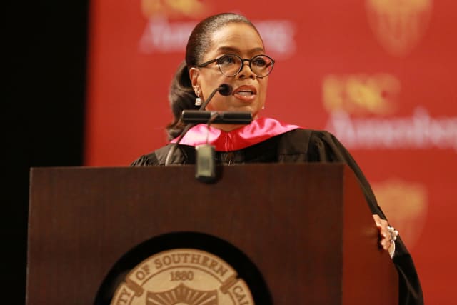 LOS ANGELES, CA - MAY 11:  Media producer Oprah Winfrey addresses The USC Annenberg School For Communication And Journalism Celebrates Commencement at The Shrine Auditorium on May 11, 2018 in Los Angeles, California.  (Photo by Leon Bennett/Getty Images)