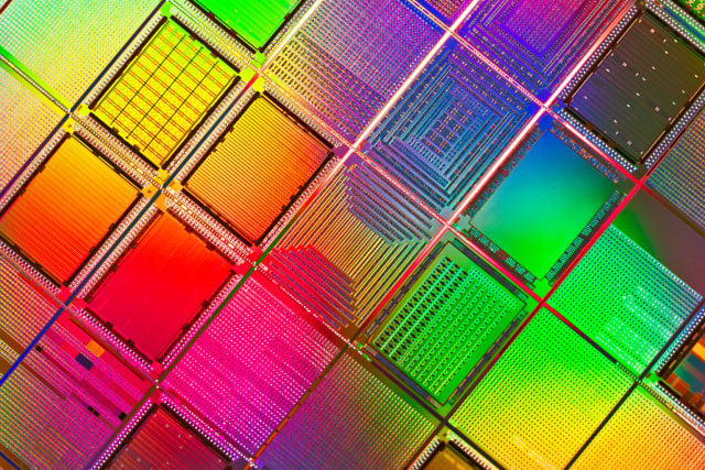 Multi Colored Computer Silicon Wafer Extreme Close-up Shot.