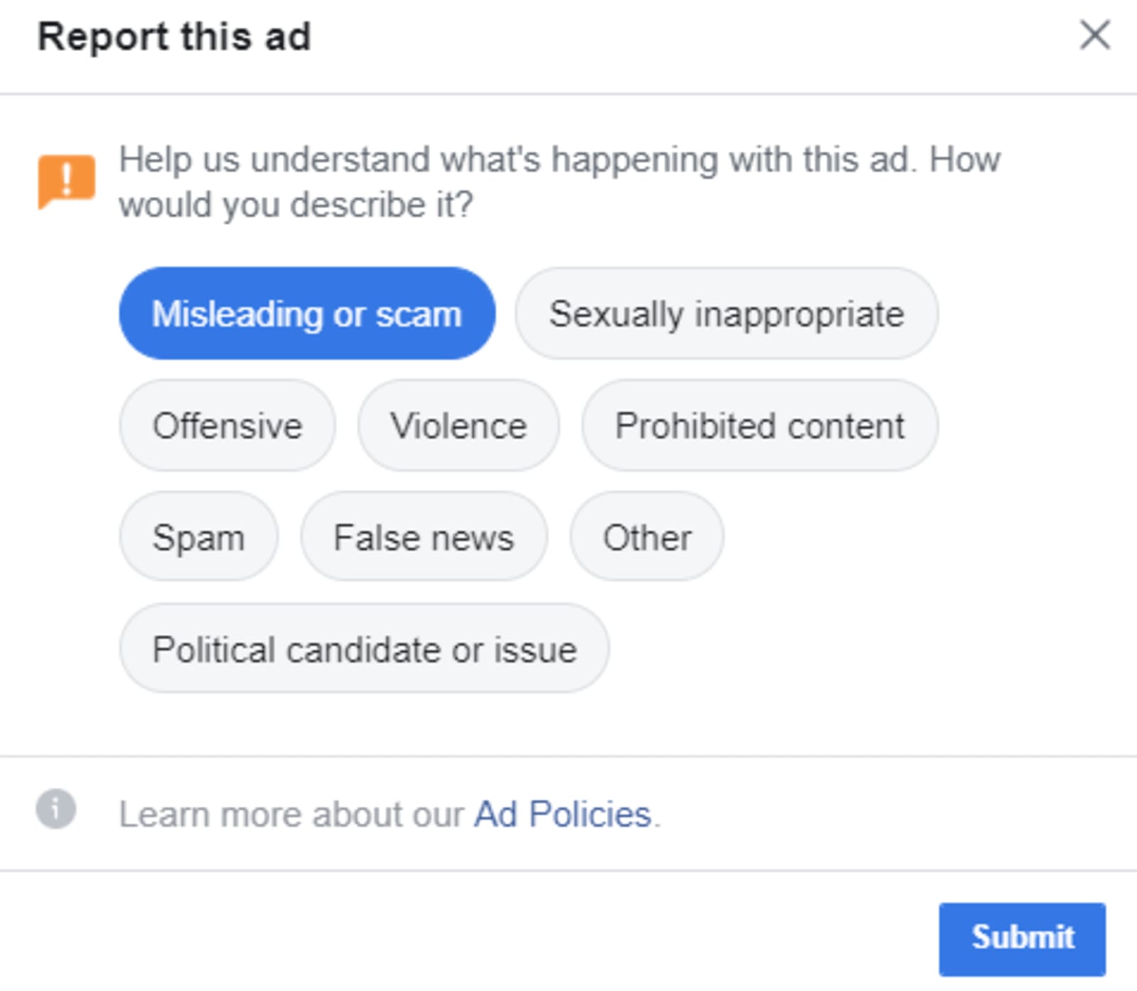 Facebook's scam ad reporting tool