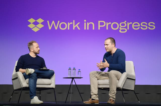 SAN FRANCISCO, CALIFORNIA - SEPTEMBER 25: Drew Houston and Greg Brockman speak onstage during the Dropbox Work In Progress Conference at Pier 48 on September 25, 2019 in San Francisco, California. (Photo by Matt Winkelmeyer/Getty Images for Dropbox)