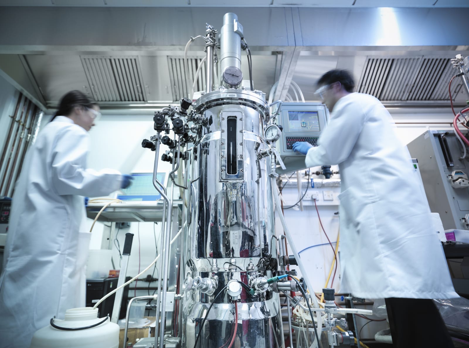 Scientists working in protein production where cells and culture samples are created in a bioreactor