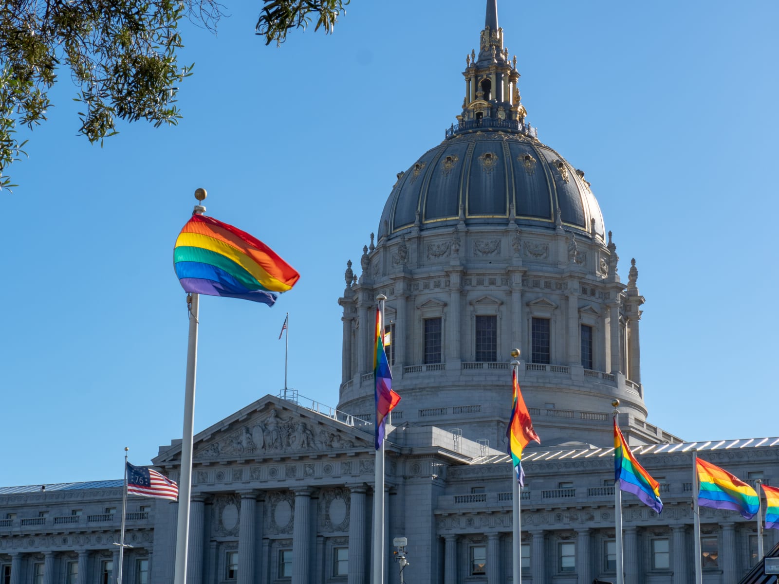 Gay Pride flags flying outside of San Francisco City Hall