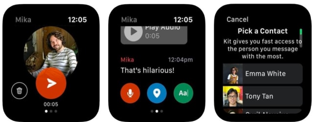 Screenshots of Facebook's Kit messaging app for Apple Watch