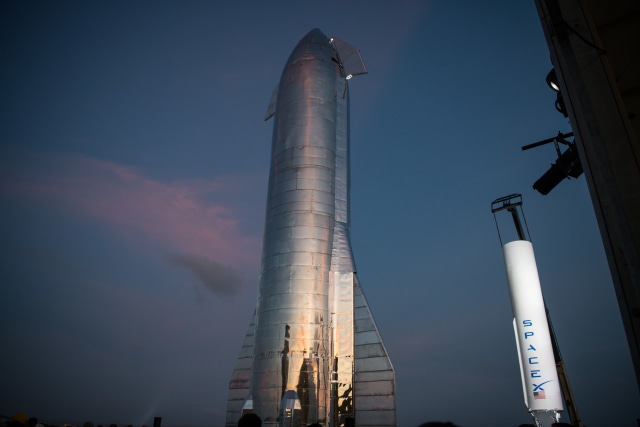 BOCA CHICA, TX - SEPTEMBER 28: A prototype of SpaceXs Starship is pictured at the company's Texas launch facility on September 28, 2019 in Boca Chica near Brownsville, Texas. The Starship spacecraft is a massive vehicle meant to take people to the Moon, Mars, and beyond. (Photo by Loren Elliott/Getty Images)