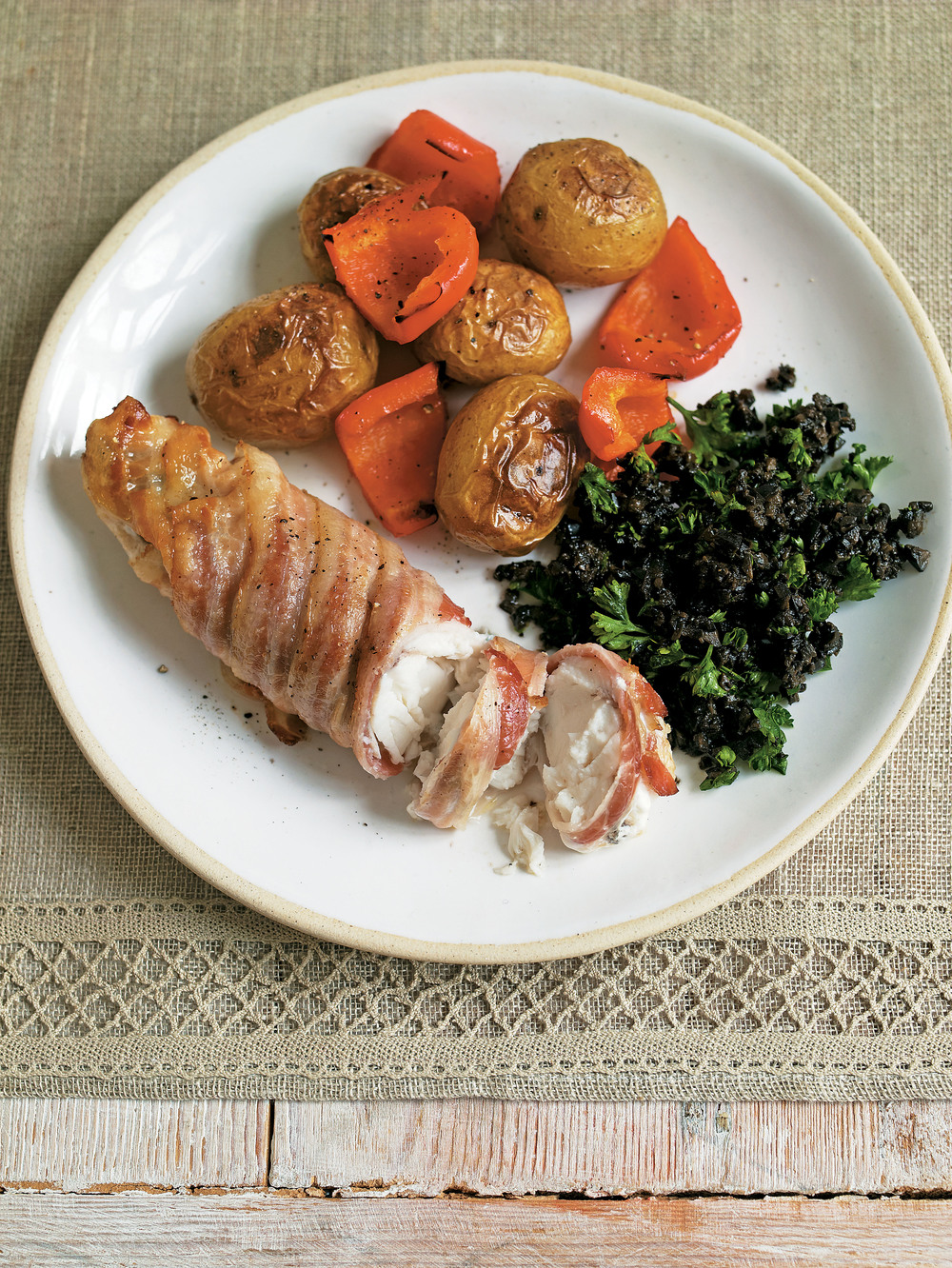 Baked Pancetta-Wrapped Monkfish with Tapenade recipe